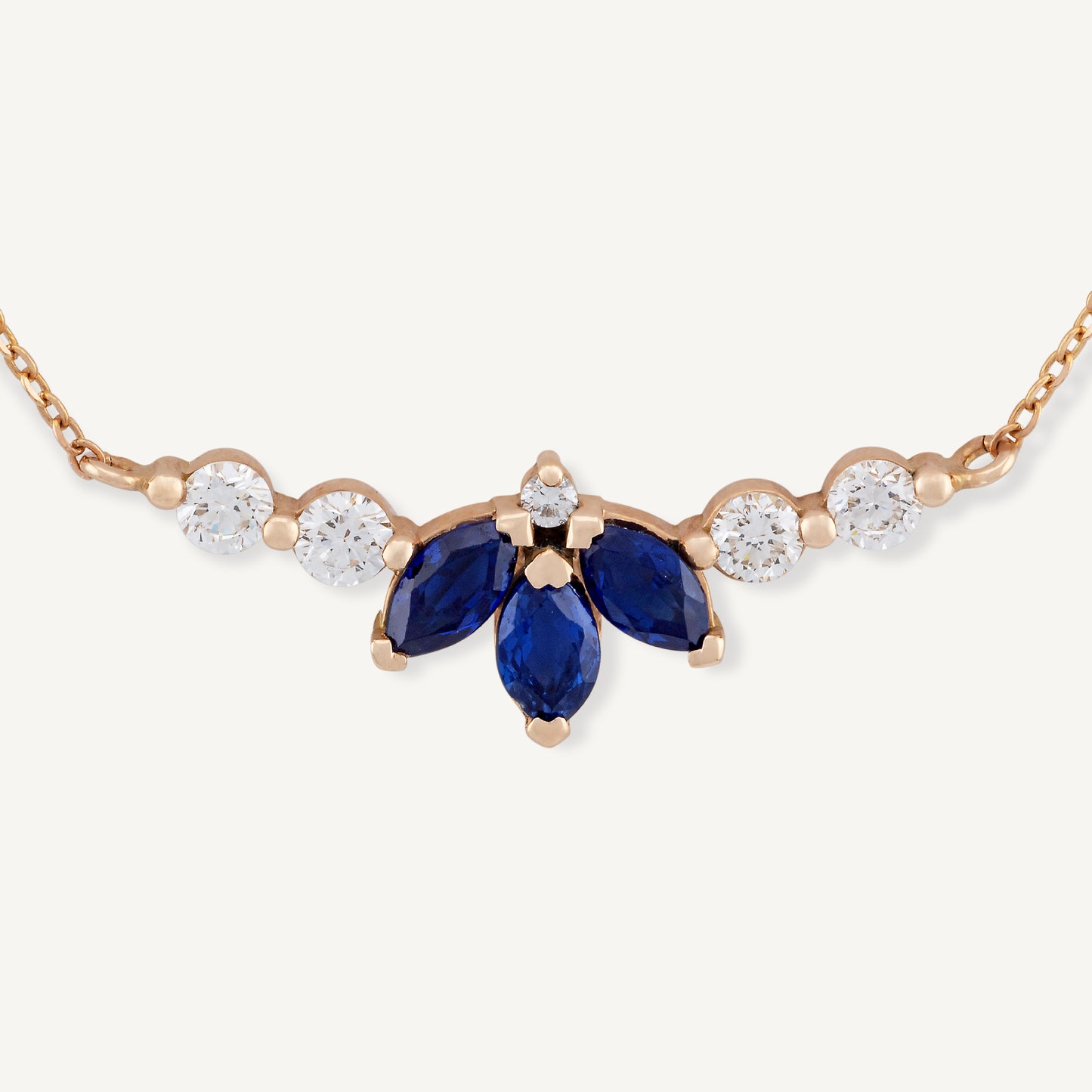 18K Yellow Gold Marquise Sapphire Symphony Necklace with Natural Blue Sapphires and Diamonds