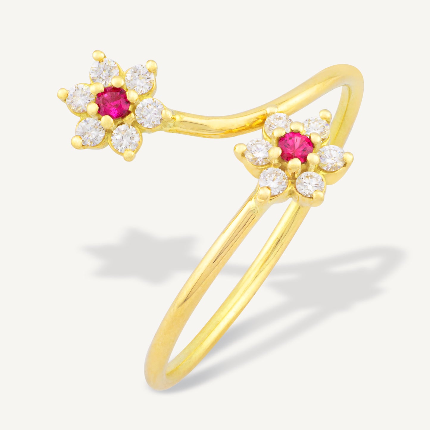 18K Yellow Gold Ruby Blossom Ring with Natural Ruby and Diamonds