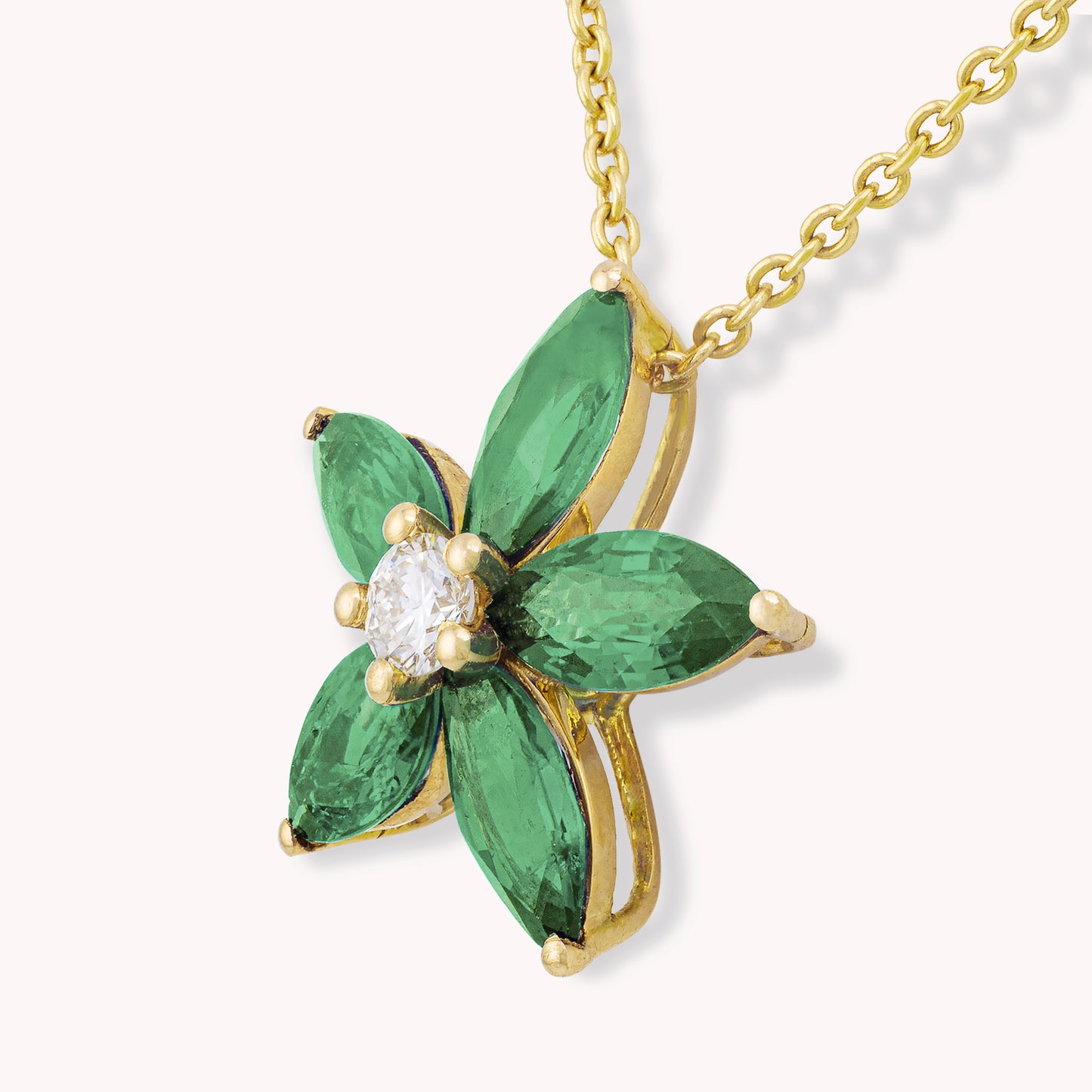 18K Yellow Gold Emerald Flower Necklace with Natural Green Emeralds and Diamonds
