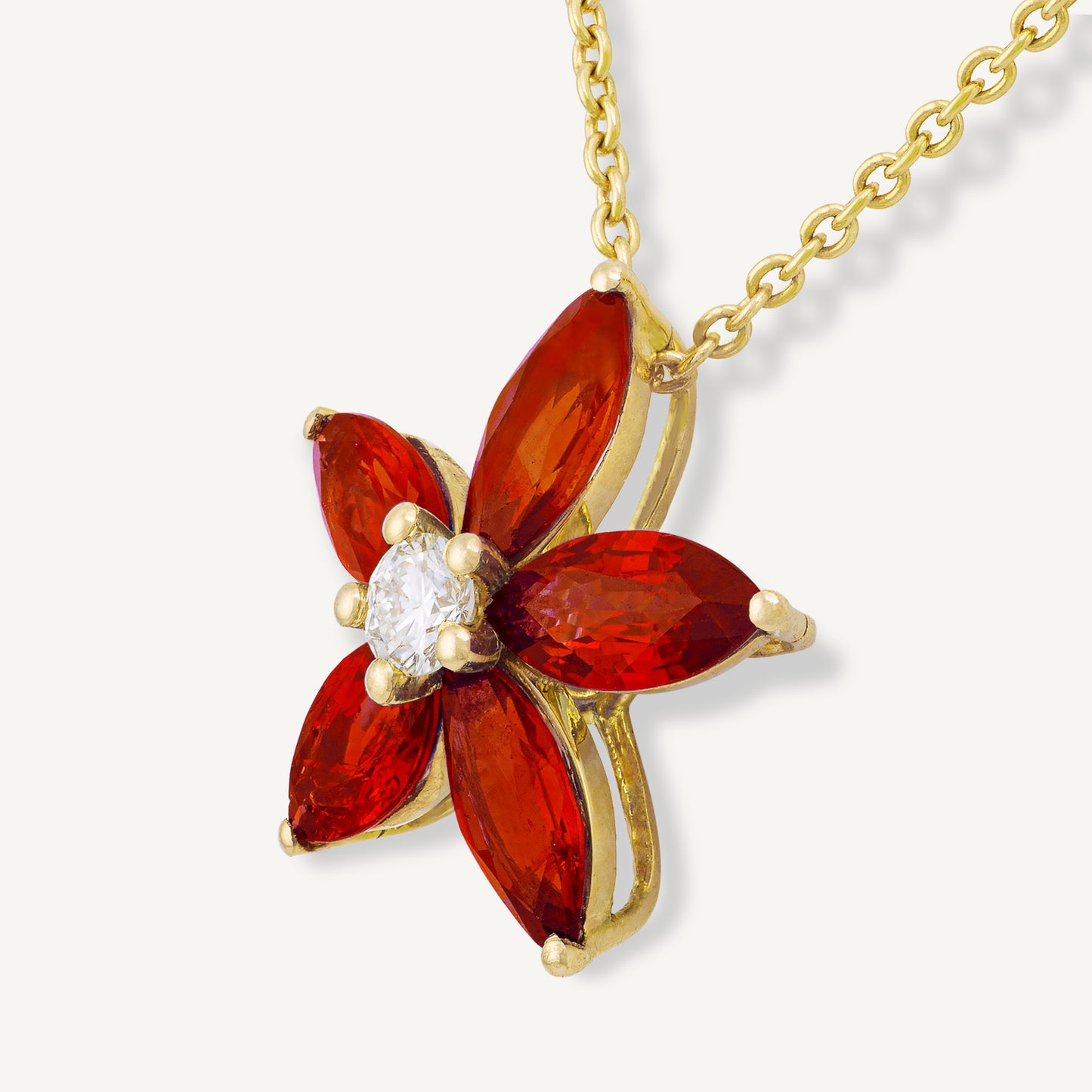 18K Yellow Gold Ruby Flower Necklace with Natural Red Rubies and Diamonds