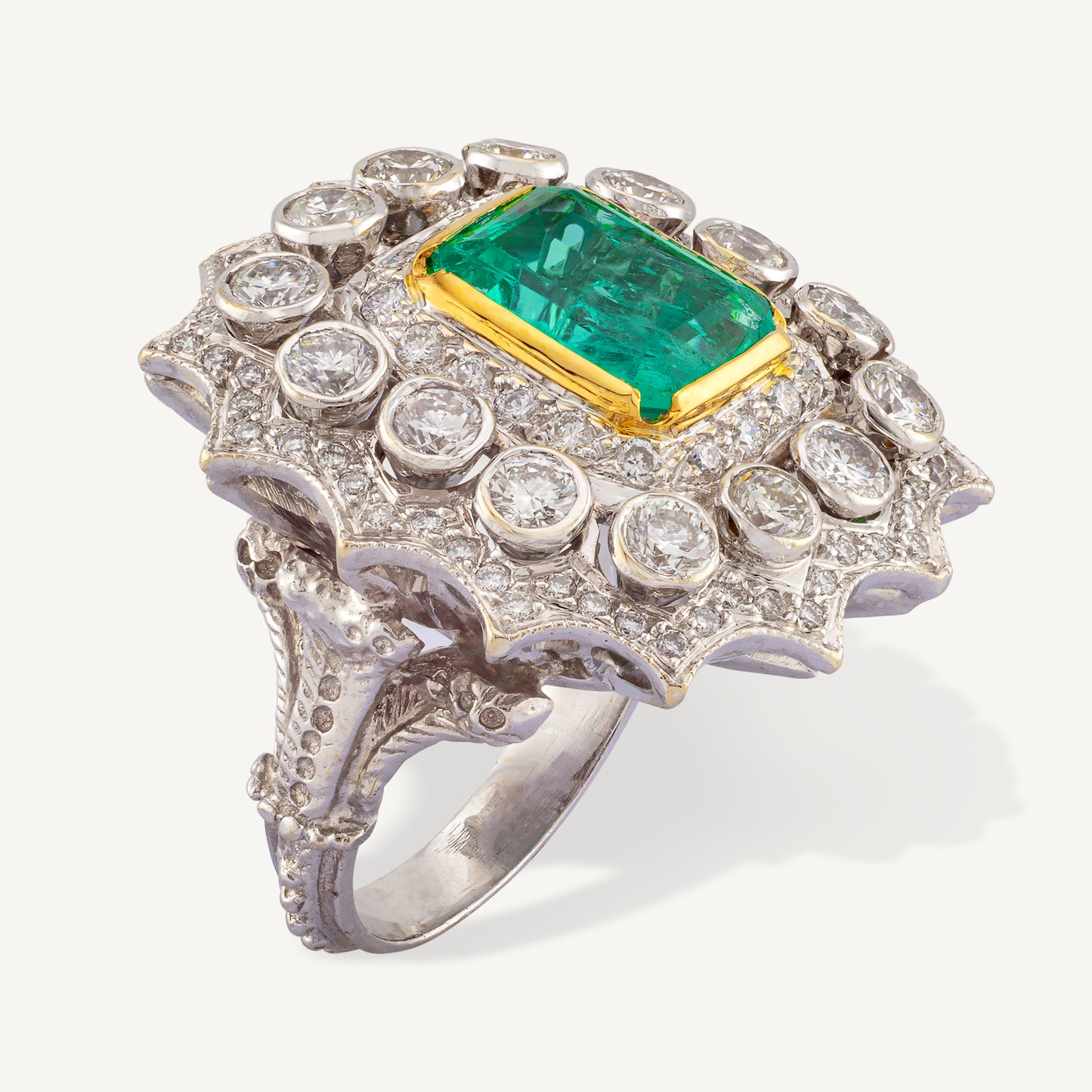 18K White Gold Natural 2.61 Carat Colombian Emerald and Diamond Ring