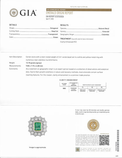 18K White Gold Natural 2.61 Carat Colombian Emerald and Diamond Ring
