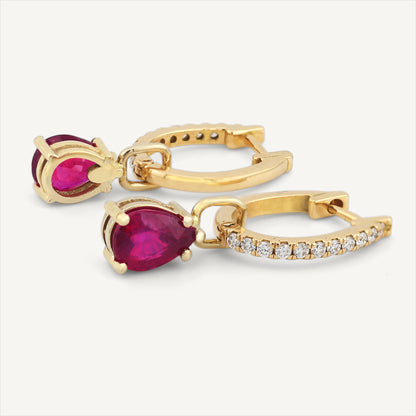 18K Yellow Gold Crimson Ruby Earrings with Natural Red Rubies and Diamonds