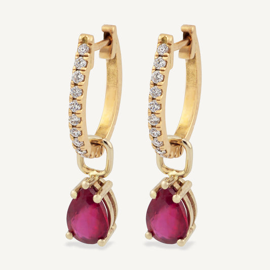 18K Yellow Gold Crimson Ruby Earrings with Natural Red Rubies and Diamonds