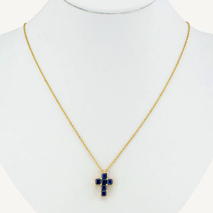 18K Yellow Gold Midnight Sapphire Cross Necklace with Natural Sapphires