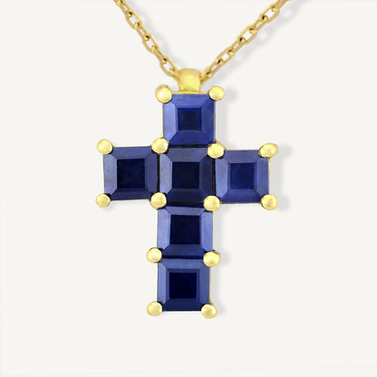 18K Yellow Gold Midnight Sapphire Cross Necklace with Natural Sapphires