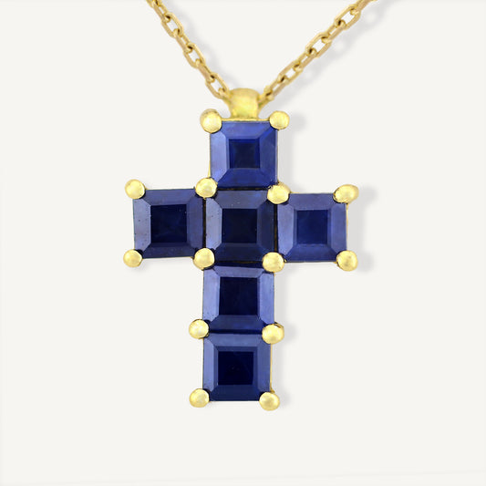 18K Yellow Gold Midnight Sapphire Cross Necklace with Natural Sapphires