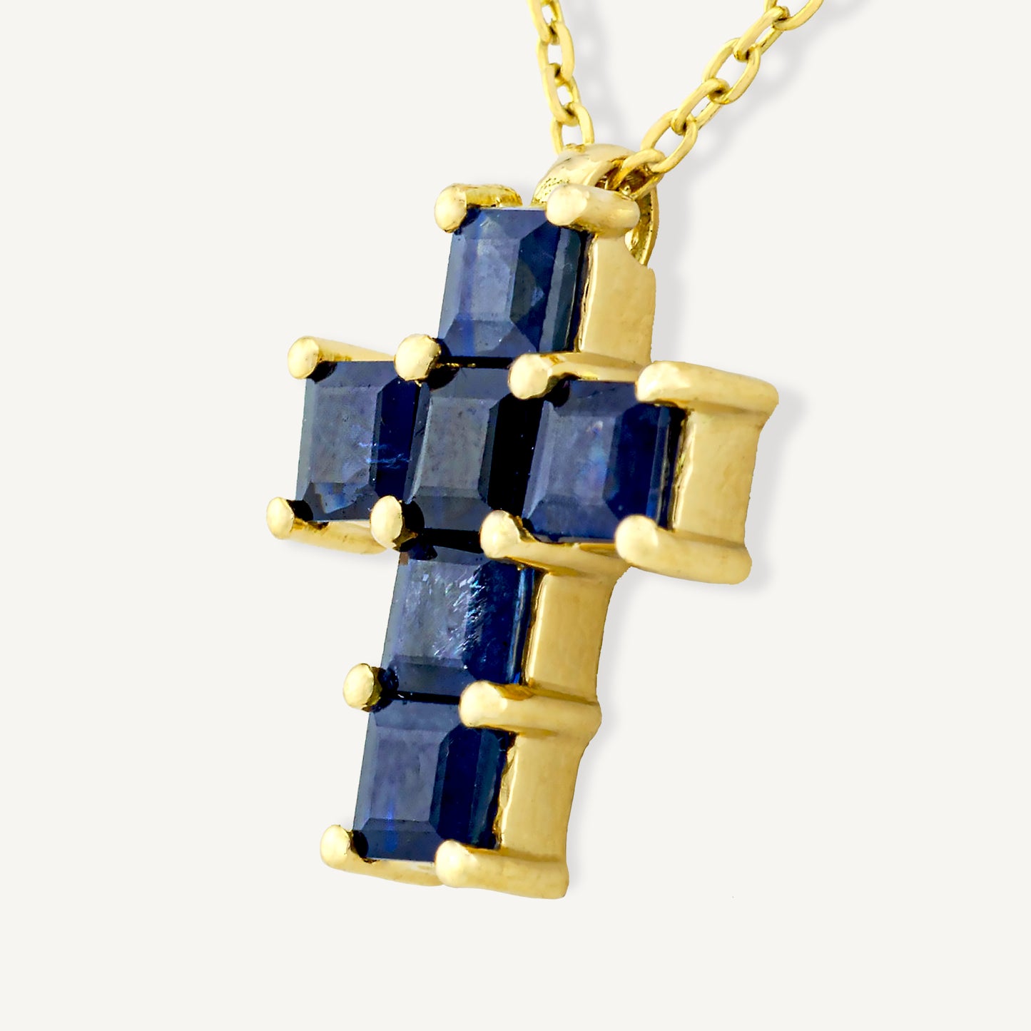 18K Yellow Gold Midnight Sapphire Cross Necklace with Natural Sapphires