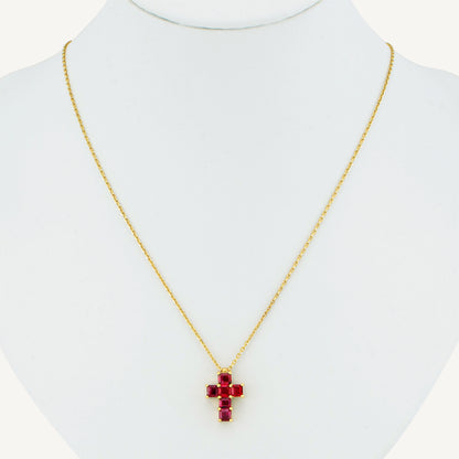 18K Yellow Gold Ruby Cross Necklace with Natural Red Rubies