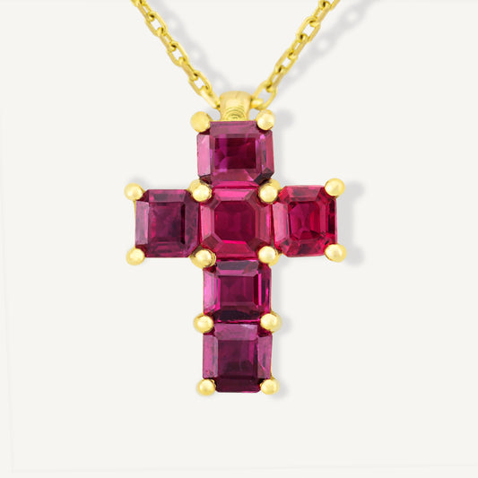 18K Yellow Gold Ruby Cross Necklace with Natural Red Rubies