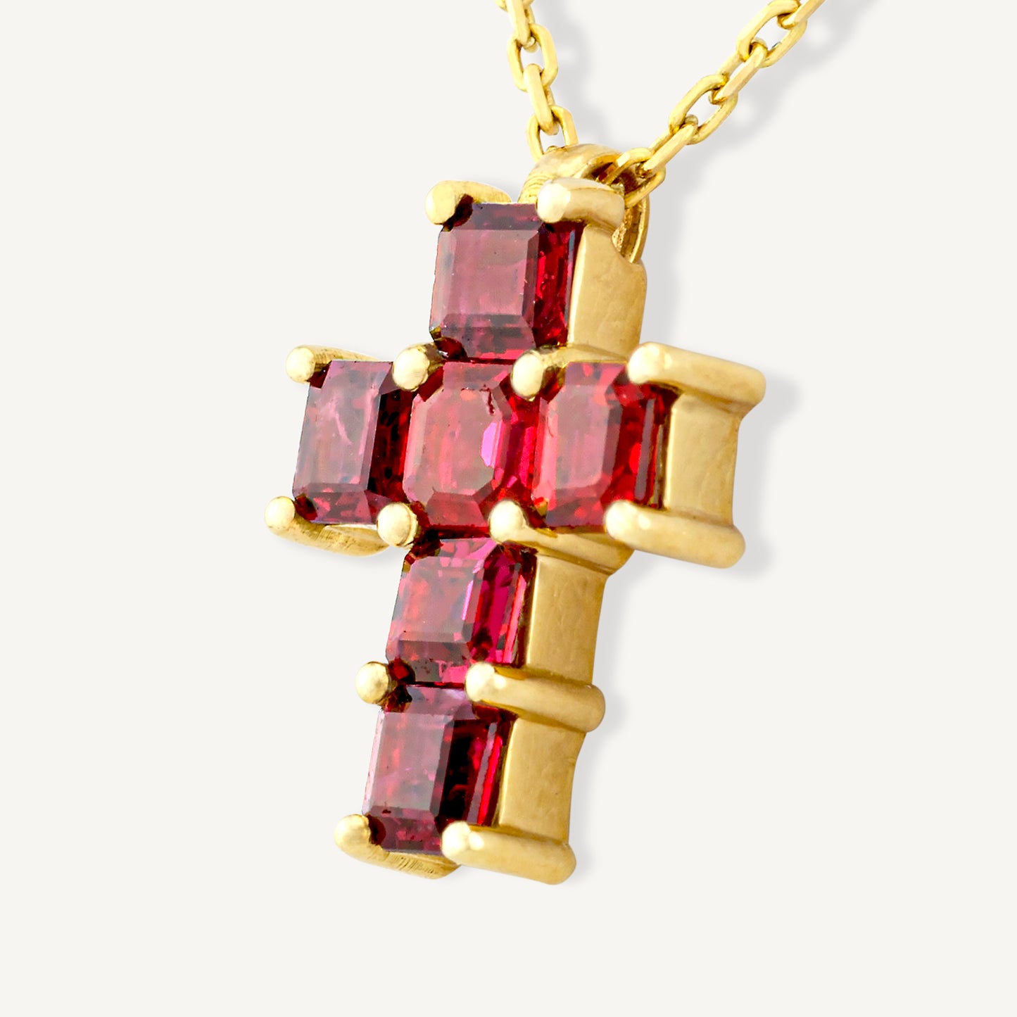 18K Yellow Gold Ruby Cross Necklace with Natural Red Rubies