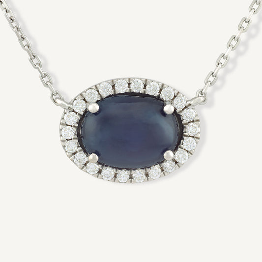 18K White Gold Cabochon Sapphire Necklace with Natural Cabochon Sapphire and Diamonds