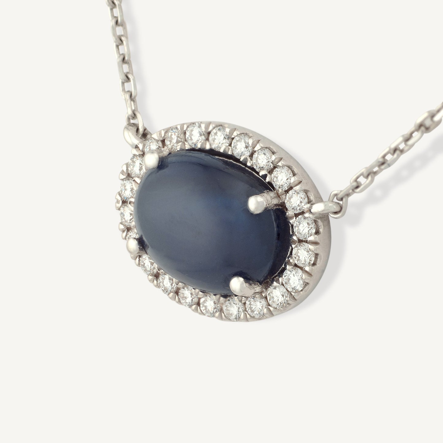 18K White Gold Cabochon Sapphire Necklace with Natural Cabochon Sapphire and Diamonds