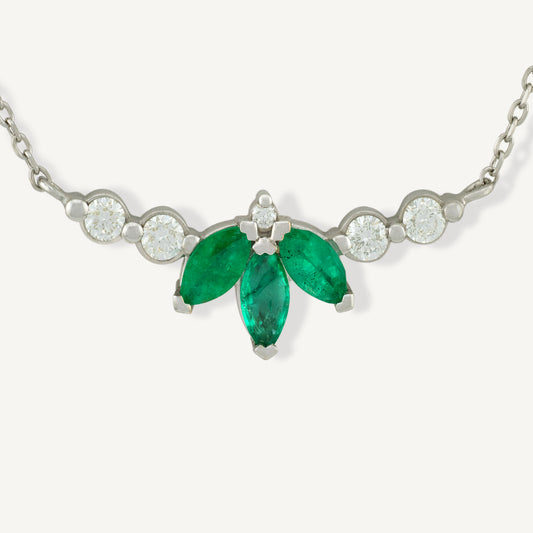 18K White Gold Evergreen Emerald Symphony Necklace with Natural Green Emeralds and Diamonds