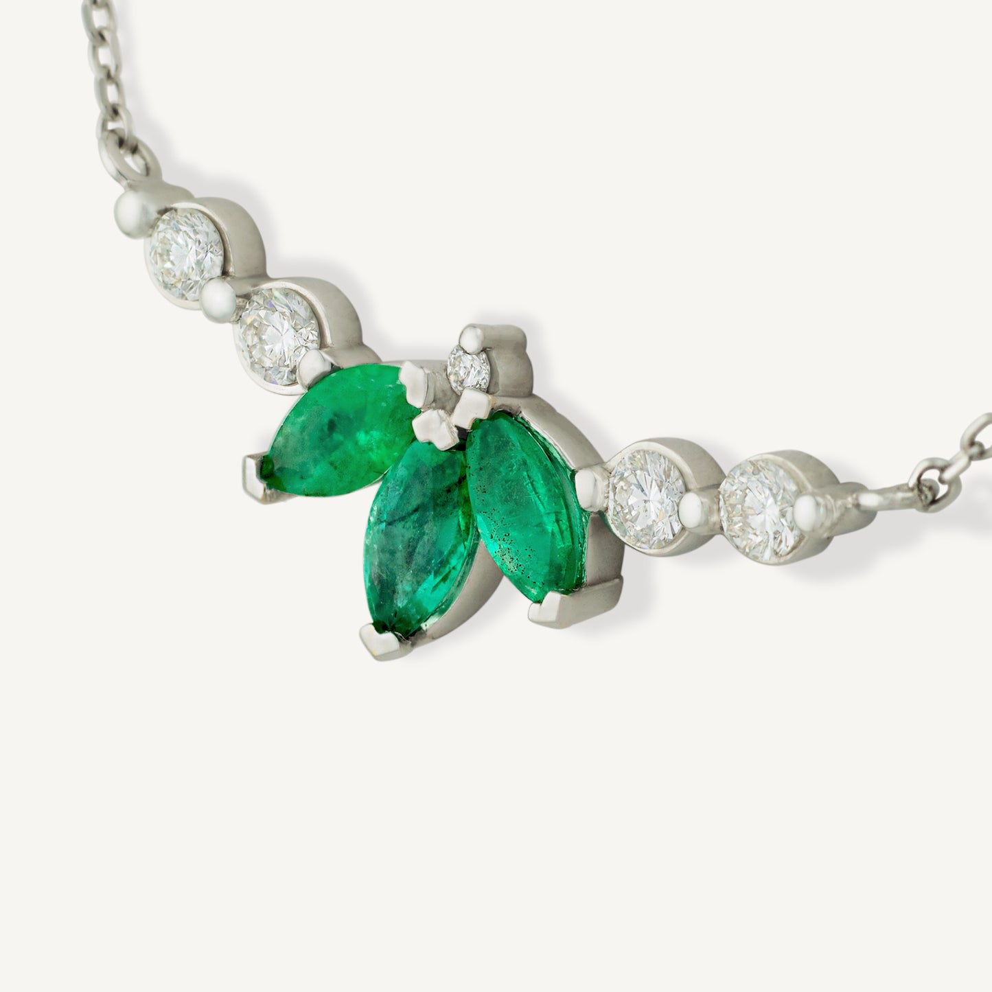 18K White Gold Evergreen Emerald Symphony Necklace with Natural Green Emeralds and Diamonds