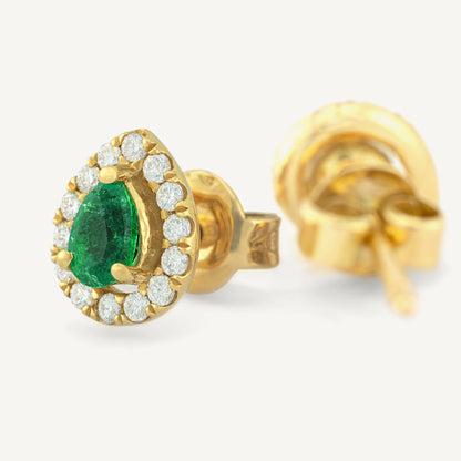 18K Yellow Gold Evergreen Emerald Stud Earrings with Natural Emeralds and Diamonds