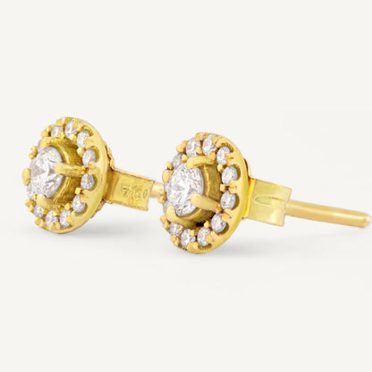 18K Yellow Gold Diamond Halo Stud Earrings with Natural Diamonds