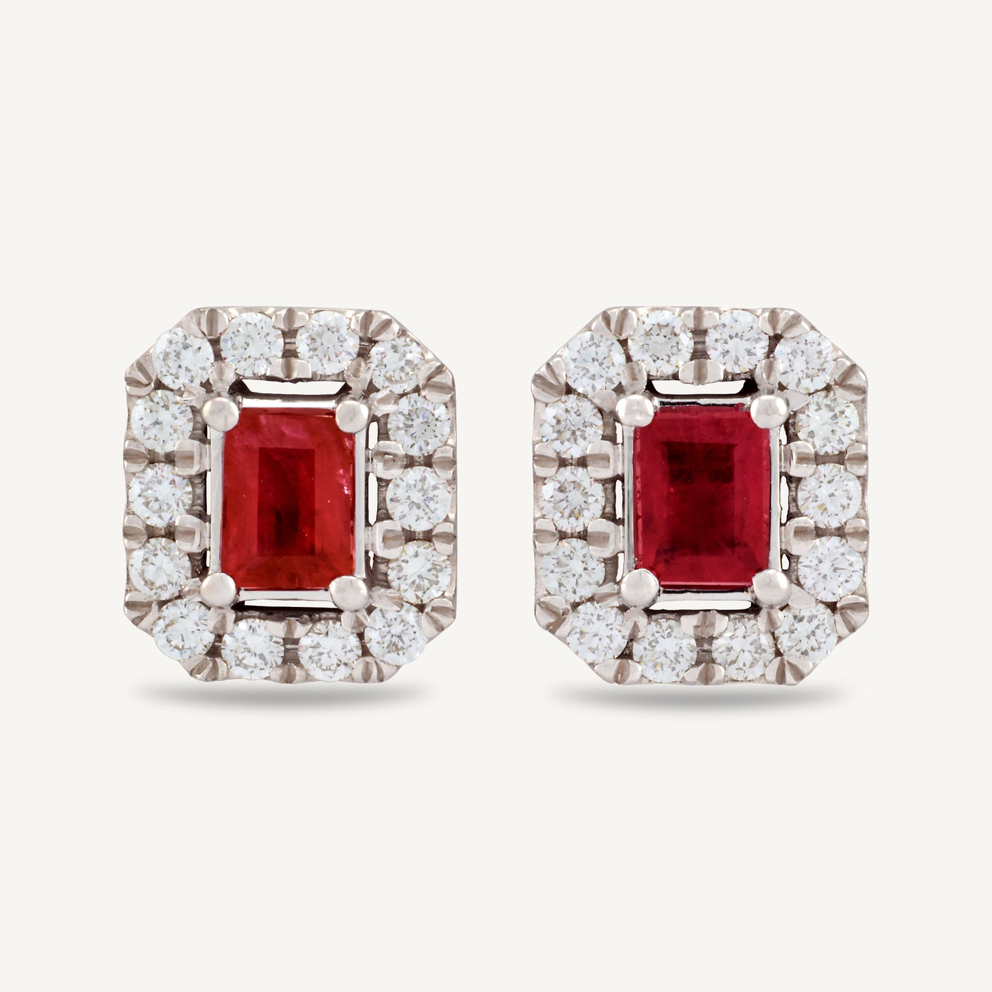 18K White Gold Ruby Diamond Sparkle Stud Earrings with Natural Rubies and Diamonds