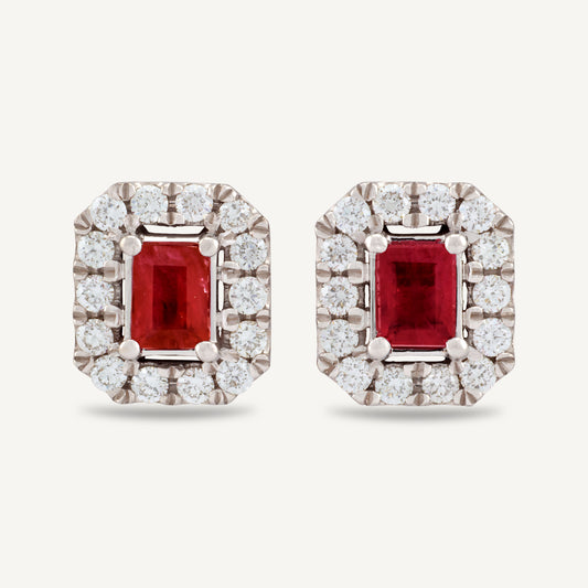 18K White Gold Ruby Diamond Sparkle Stud Earrings with Natural Rubies and Diamonds