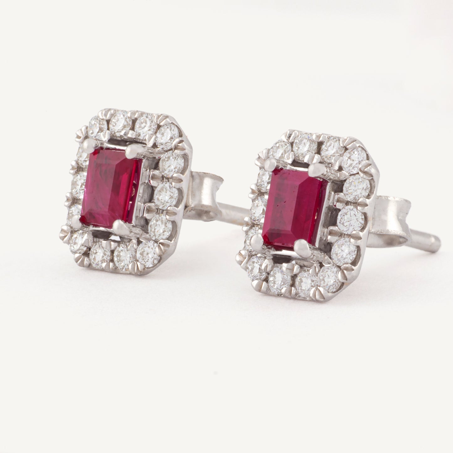 18K White Gold Ruby Diamond Sparkle Stud Earrings with Natural Rubies and Diamonds