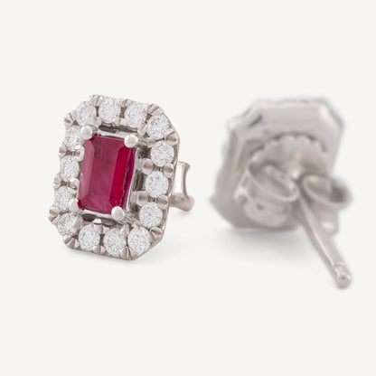 18K White Gold Ruby Diamond Sparkle Stud Earrings with Natural Rubies and Diamonds