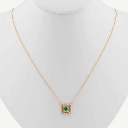 18K Yellow Gold Evergreen Emerald Frame Necklace with Natural Green Emerald and Diamonds