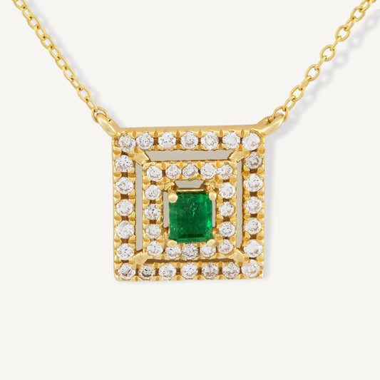 18K Yellow Gold Evergreen Emerald Frame Necklace with Natural Green Emerald and Diamonds