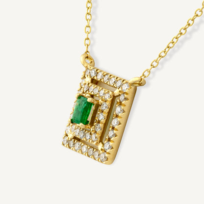 18K Yellow Gold Evergreen Emerald Frame Necklace with Natural Green Emerald and Diamonds