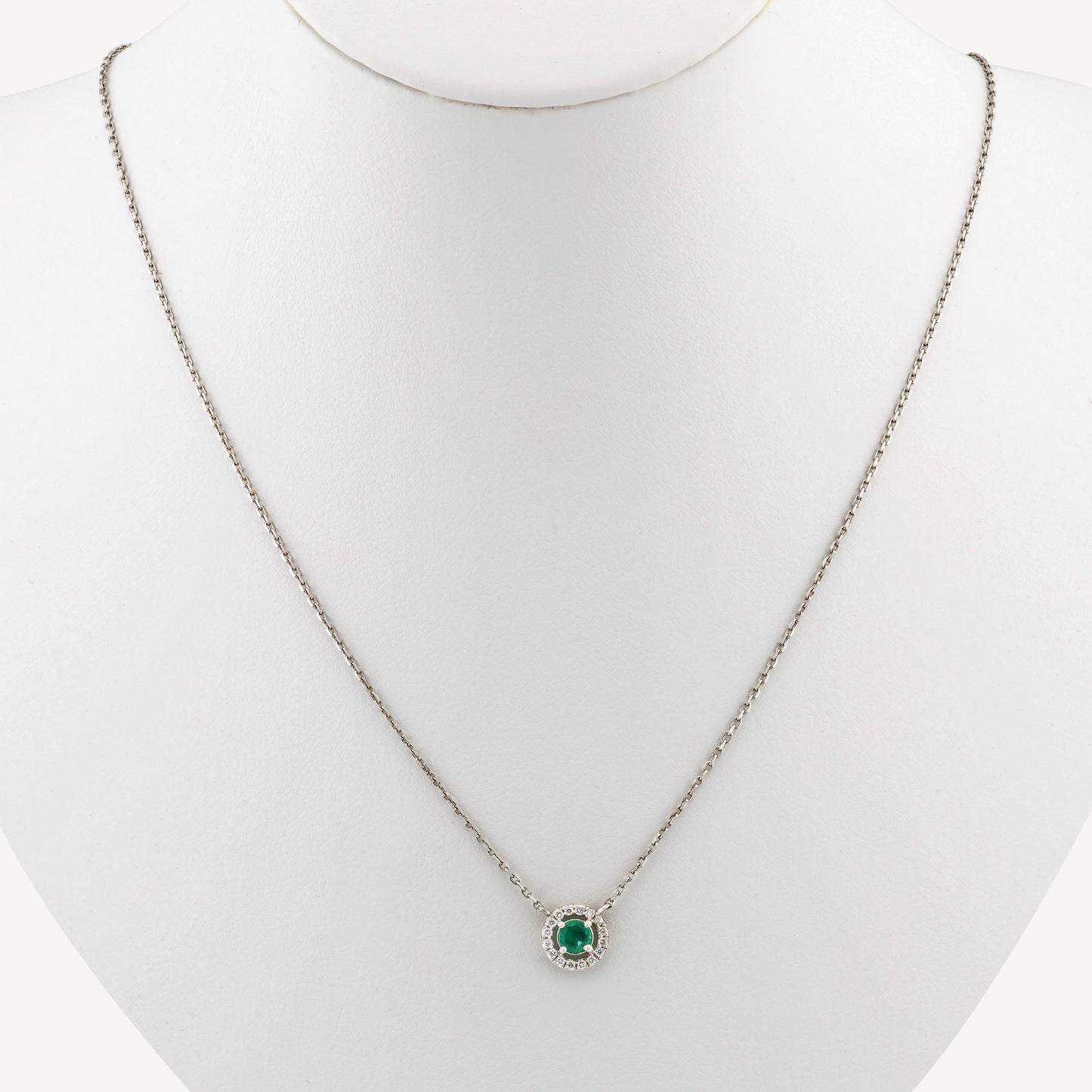 18K White Gold Green Oasis Halo Necklace with Natural Green Emerald and Diamonds