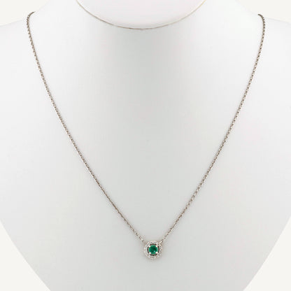 18K White Gold Green Oasis Halo Necklace with Natural Green Emerald and Diamonds