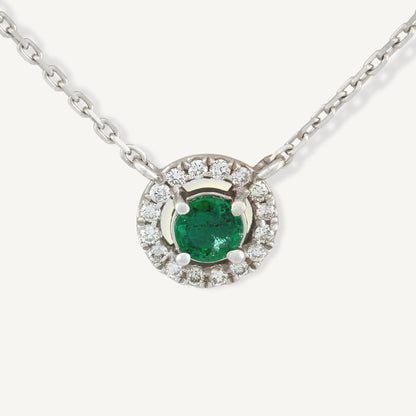 18K White Gold Green Oasis Halo Necklace with Natural Green Emerald and Diamonds