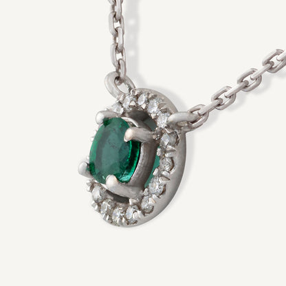 18K White Gold Green Oasis Halo Necklace with Natural Green Emerald and Diamonds