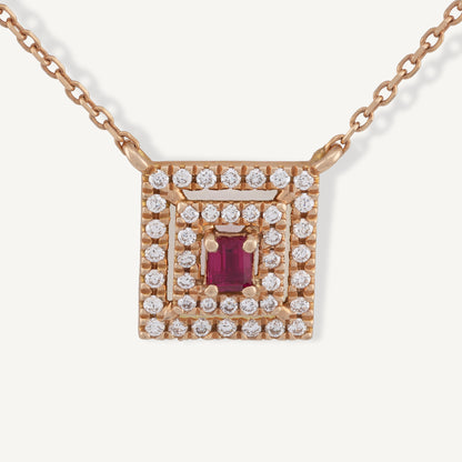 18K Rose Gold Ruby Sparkle Frame Necklace with Natural Red Rubies and Diamonds