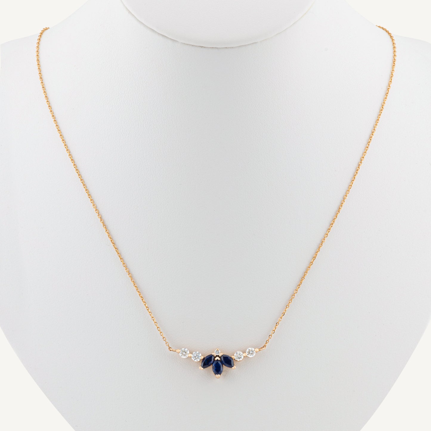 18K Yellow Gold Marquise Sapphire Symphony Necklace with Natural Blue Sapphires and Diamonds