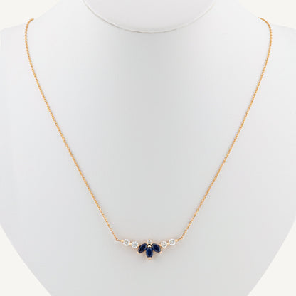 18K Yellow Gold Marquise Sapphire Symphony Necklace with Natural Blue Sapphires and Diamonds