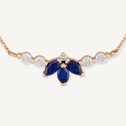 18K Yellow Gold Marquise Sapphire Symphony Necklace with Natural Blue Sapphires and Diamonds