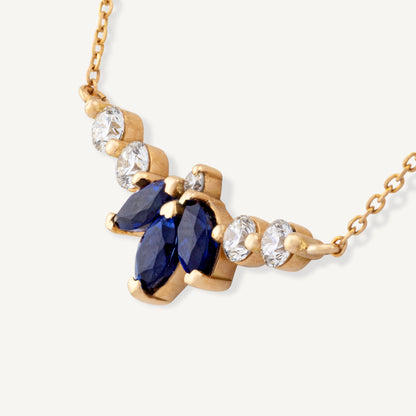 18K Yellow Gold Marquise Sapphire Symphony Necklace with Natural Blue Sapphires and Diamonds