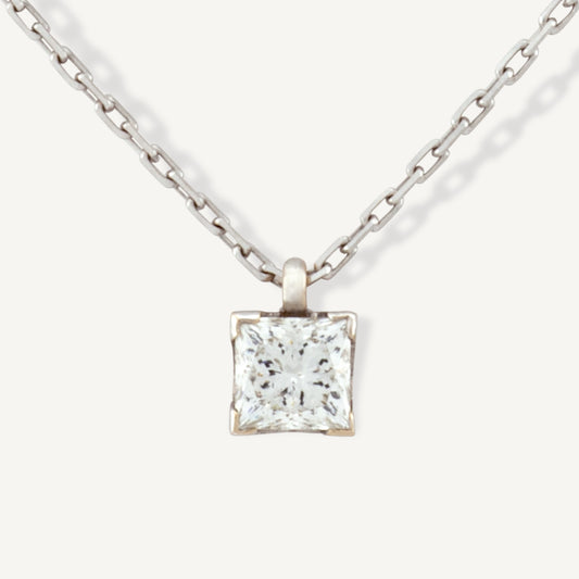 18K White Gold Princess Cut Diamond Necklace with a Natural 1 Carat Diamond