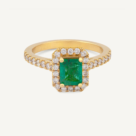 18K Yellow Gold Emerald Verdant B Diamond Ring with Natural Emerald and Diamonds