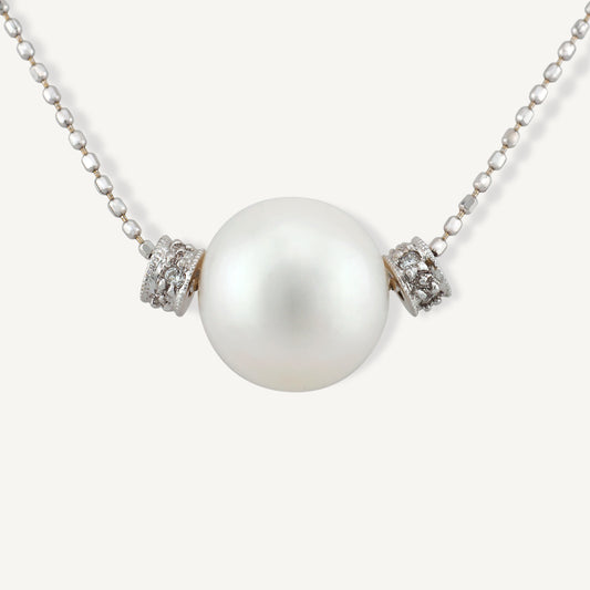 18K White Gold Diamond Dewdrop Pearl Necklace with Natural Diamonds and Pearls