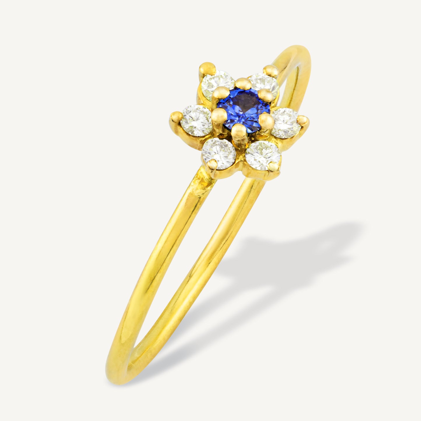 18K Yellow Gold Sapphire Blossom Ring with Natural Blue Sapphires and Diamonds