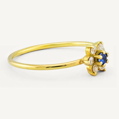 18K Yellow Gold Sapphire Blossom Ring with Natural Blue Sapphires and Diamonds