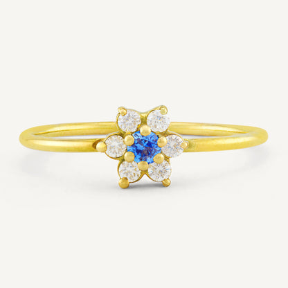 18K Yellow Gold Sapphire Blossom Ring with Natural Blue Sapphires and Diamonds