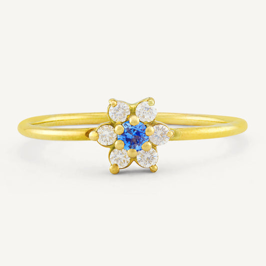 18K Yellow Gold Sapphire Blossom Ring with Natural Blue Sapphires and Diamonds