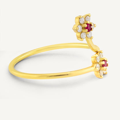 18K Yellow Gold Ruby Blossom Ring with Natural Ruby and Diamonds