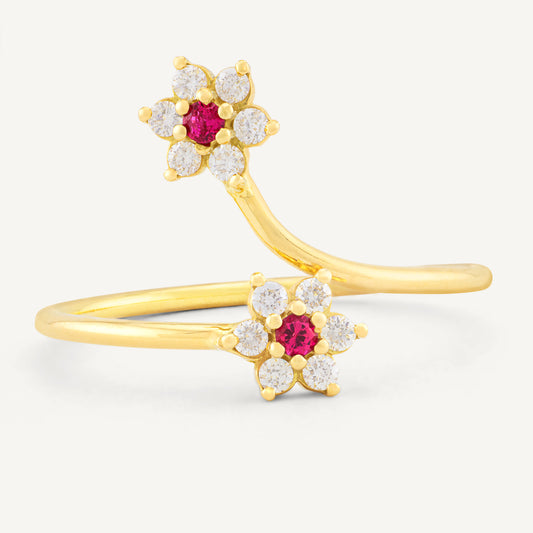 18K Yellow Gold Ruby Blossom Ring with Natural Ruby and Diamonds