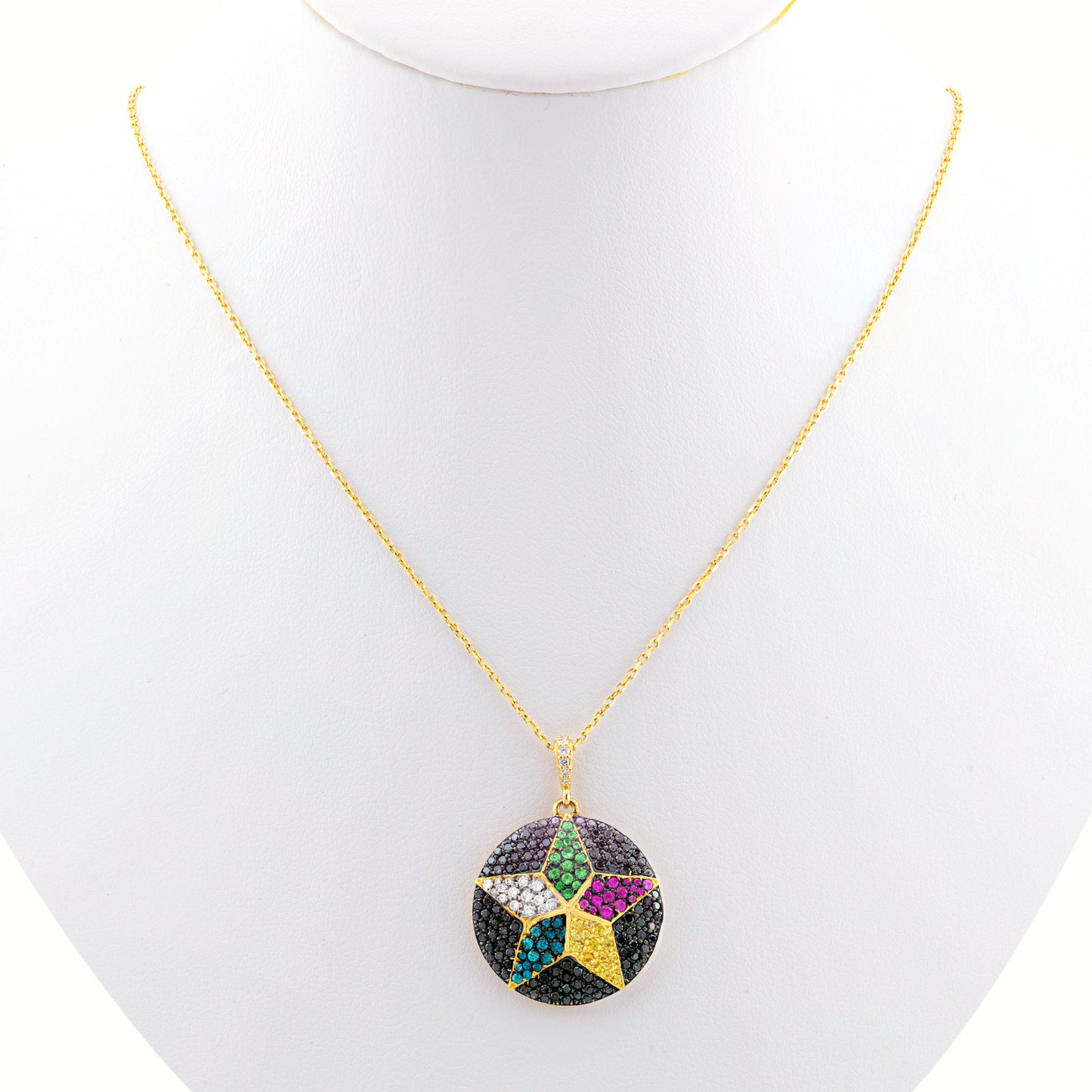 18K Yellow Gold Black Diamond Druze Star Necklace with Natural Gemstones