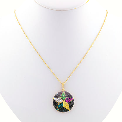 18K Yellow Gold Black Diamond Druze Star Necklace with Natural Gemstones