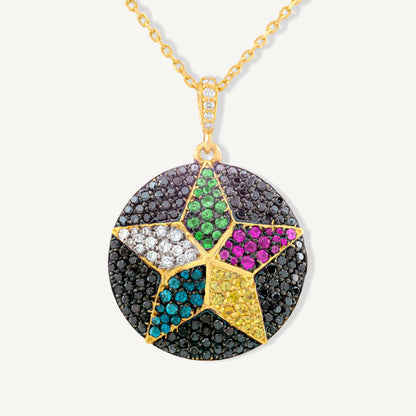 18K Yellow Gold Black Diamond Druze Star Necklace with Natural Gemstones