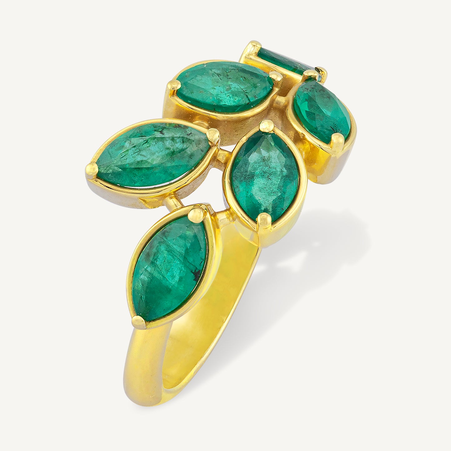18K Yellow Gold Emerald Laurel Ring with Natural Green Emeralds